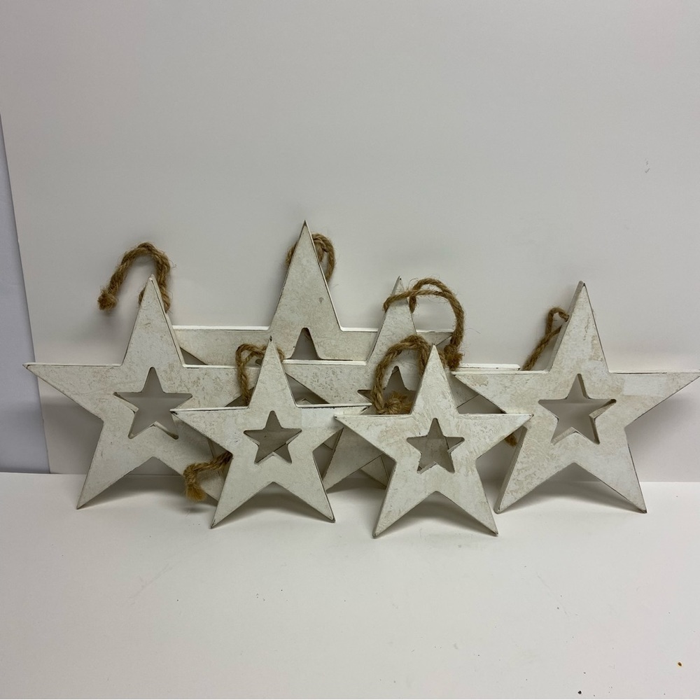 Set of 6 Wooden Hanging Stars White Rustic Country July 4th Christmas - Picture 2 of 6
